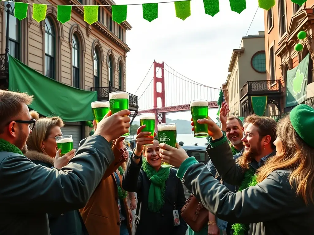 A festive scene of pub crawlers toasting with green beer on St. Patrick's Day Sunday in San Francisco, with iconic landmarks visible in the distance.